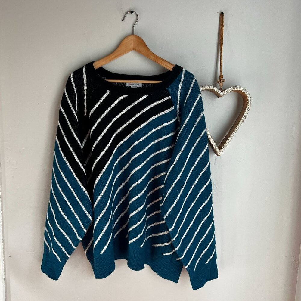 Liz Clairbone Womens Plus 2X Striped Crew Neck Sweater Black Blue Acrylic